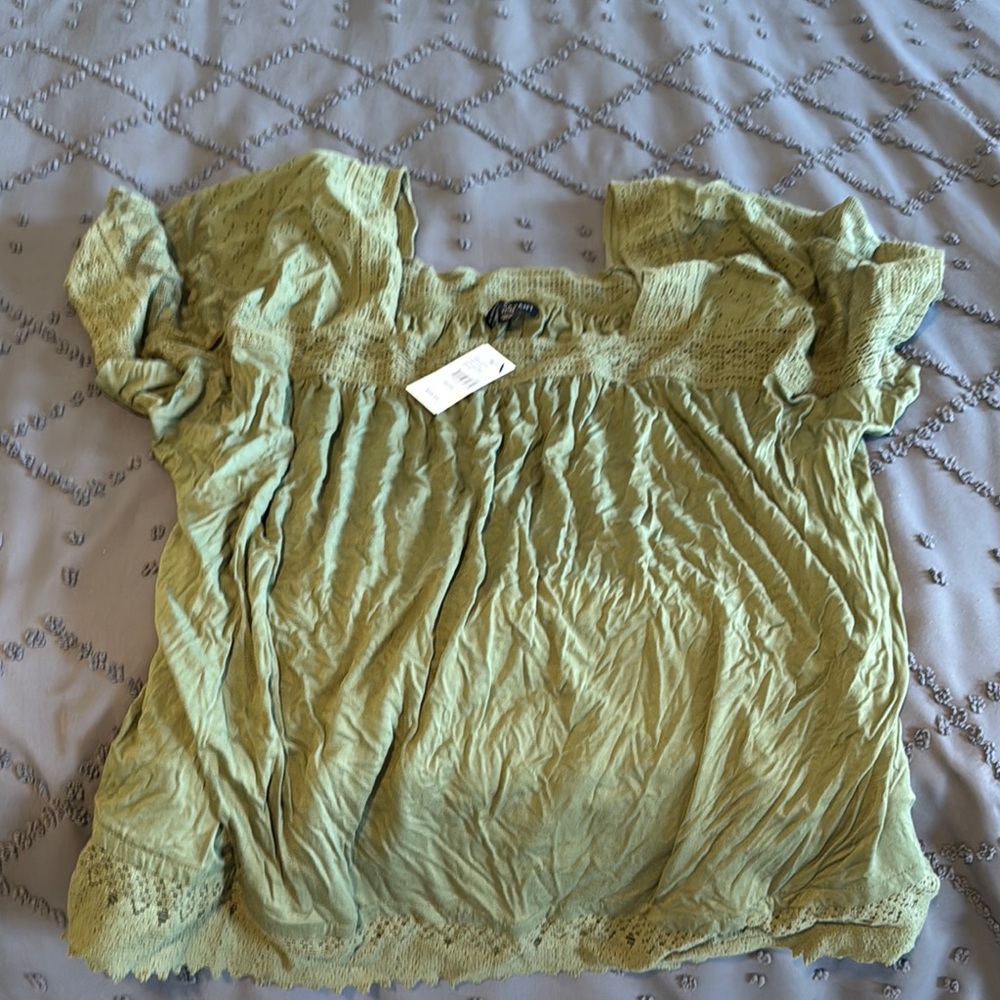 Lane Bryant Green Puff Sleeve Blouse with Ruched Bib Collar